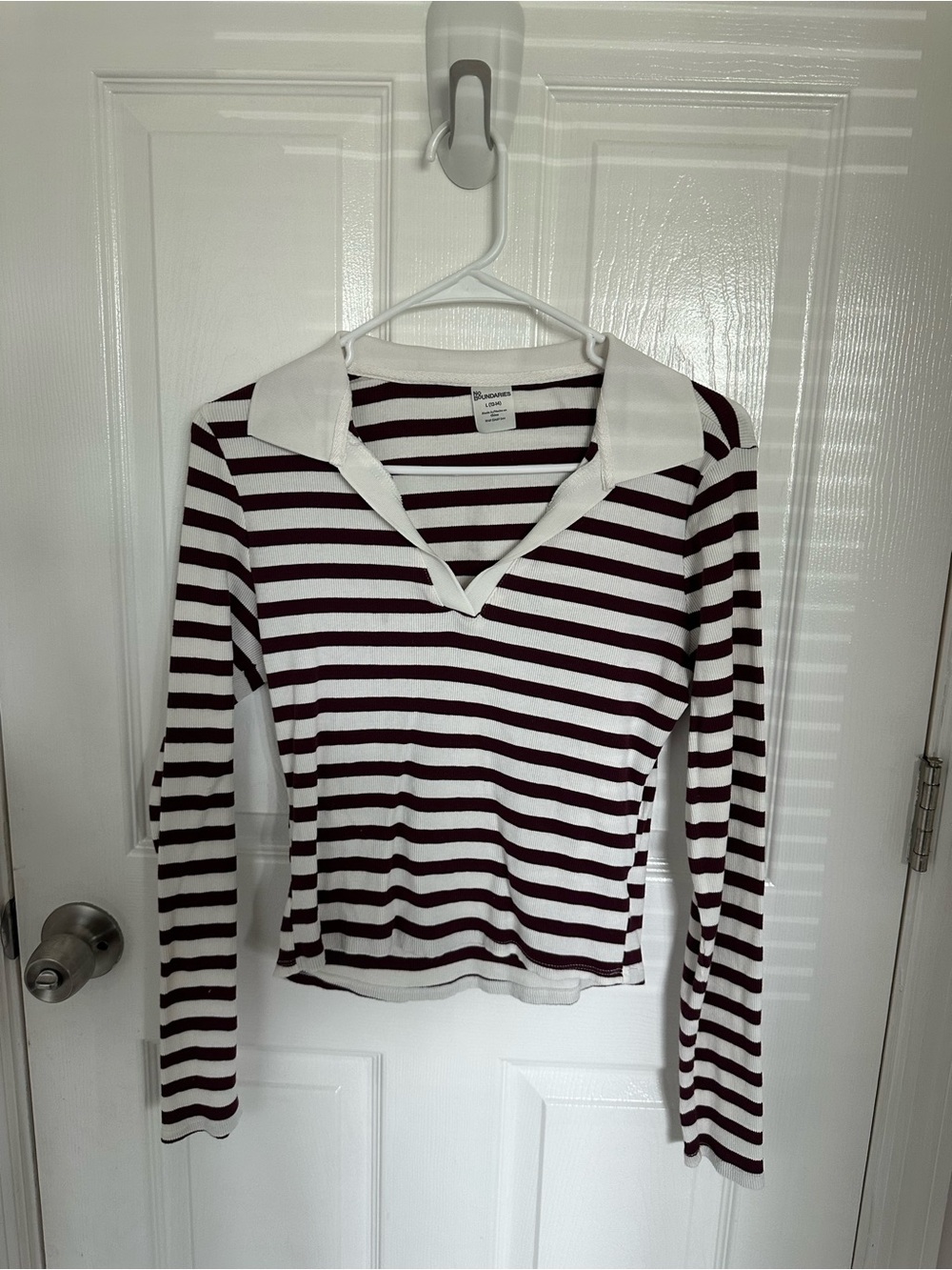 Striped Long-Sleeve Polo Top in White and Burgundy